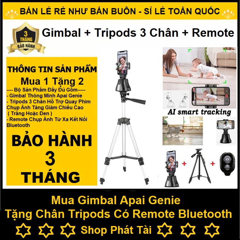 Giá Đỡ Điện Thoại Quay Video, Livestream, Xoay 360 Độ Cảm Biến Theo Dõi, Gimbal Apai Genie Tặng Chân Tripods Cao Cấp