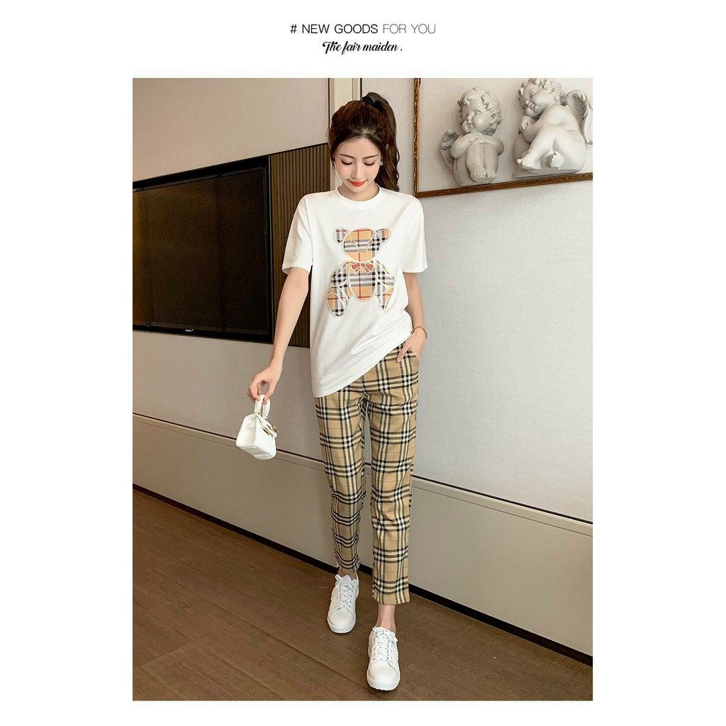 Bộ Thun Cao Cấp  Áo Thun Gấu Tay Cộc Và Quần Họa Tiết Caro Sọc, Bộ Thể Thao Năng Động Cá Tính-Size: M-L-XL-2XL