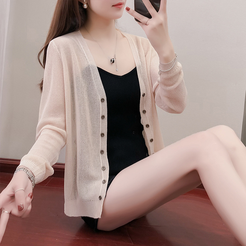 Áo Khoác Cardigan Dệt Kim Tay Dài Dáng Rộng Chống Nắng Cho Phái Nữ