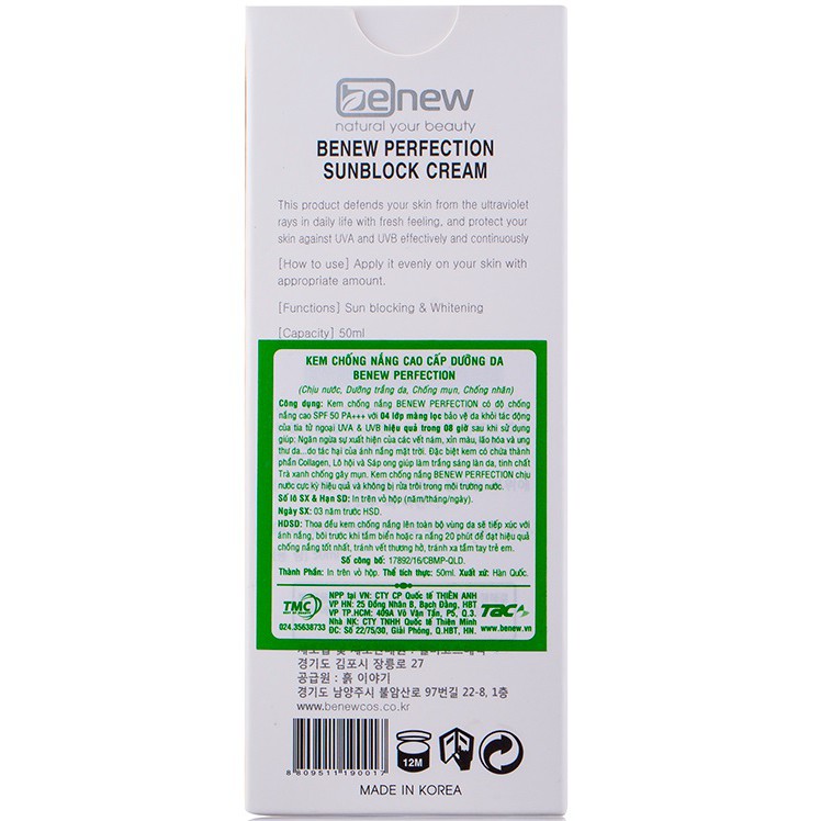 Kem Chống Nắng Dành Cho Da Dầu Nhờn, Xạm Đen Benew Sunblock Spf 50 pa+++ Hàn quốc  50ml/Hộp- Mỹ phẩm chính hãng