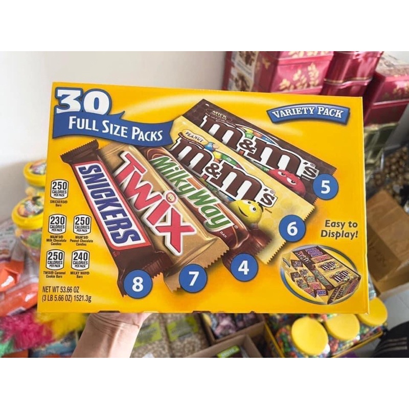 Kẹo socola M&M hộp 30 Packs full size  - M&M MARS CHOCOLATE VARIETY PACK