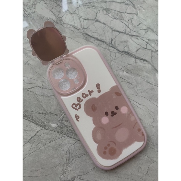 Ốp lưng iphone mềm dẻo viền bo tròn chống sốc có gương che bảo vệ camera bé gấu cute màu nâu và be