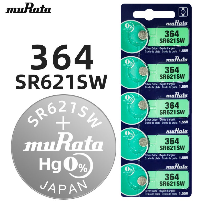 Vỉ 5 viên Pin đồng hồ Murata Sony 364 SR621SW LR621W AG1 1.55V Made in Japan