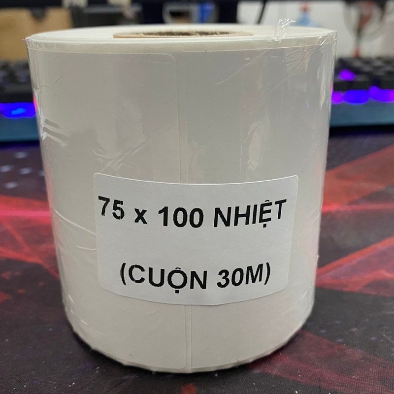 Giấy in nhiệt A7 Decal kích thước 75x100 cuộn 30m / Tem in bill đơn hàng - mã vận đơn chống nước cho các sàn TMĐT