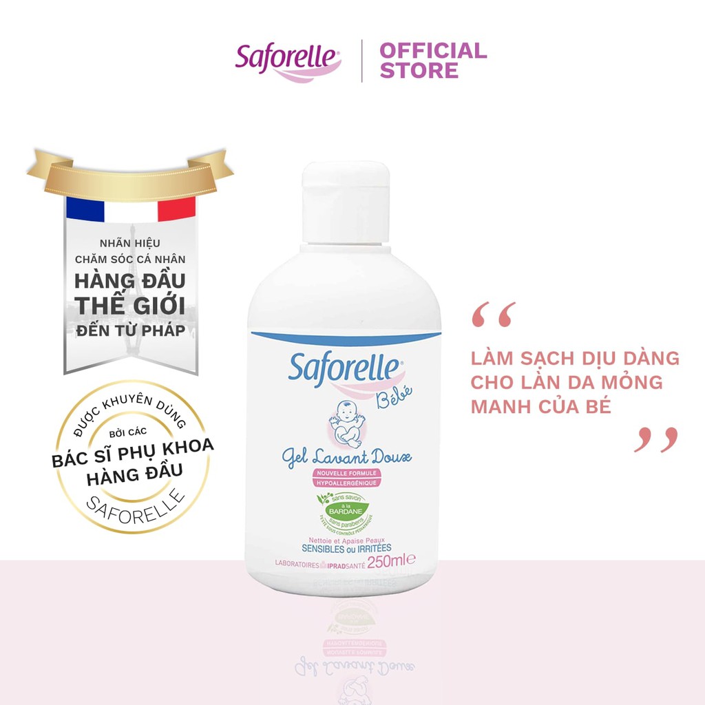 Gel tắm gội cho bé Saforelle BeBe cao cấp giúp làm sạch dịu dàng trên làn da mỏng manh của bé 250ml