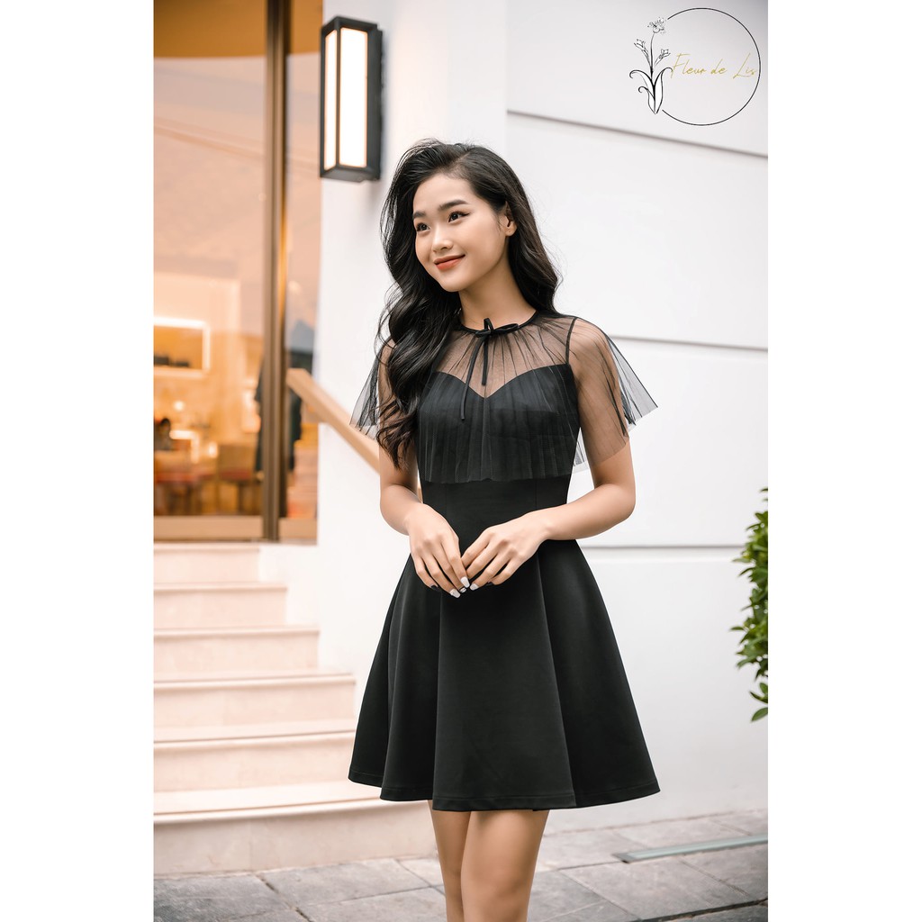 Black mini dress with pleated lace neck