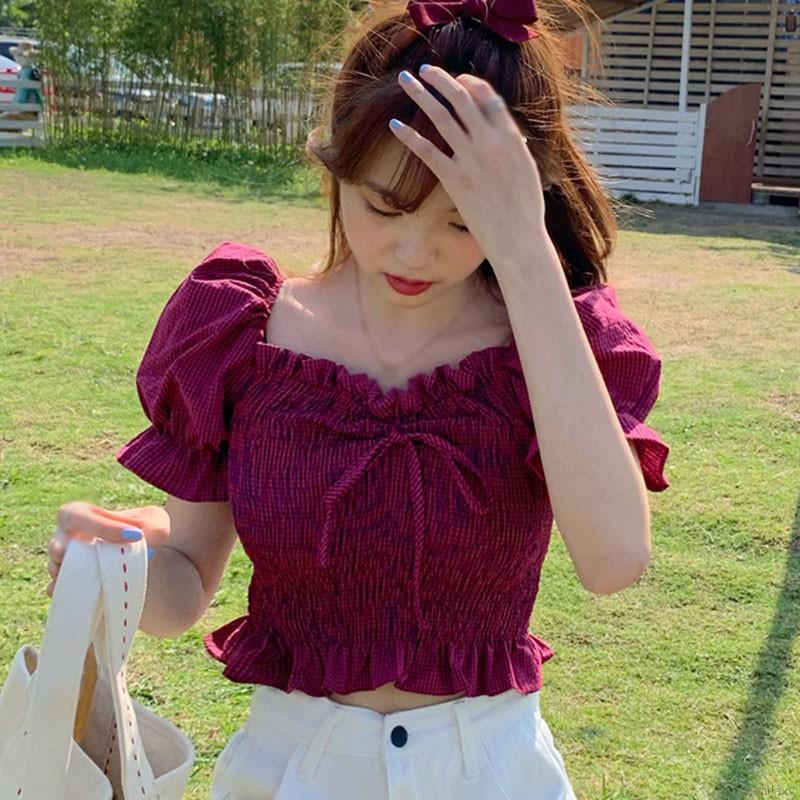 Áo kiểu cổ vuông tay phồng ngắn phối họa tiết sọc ca rô thời trang phong cách Hàn Quốc cho nữ | BigBuy360 - bigbuy360.vn