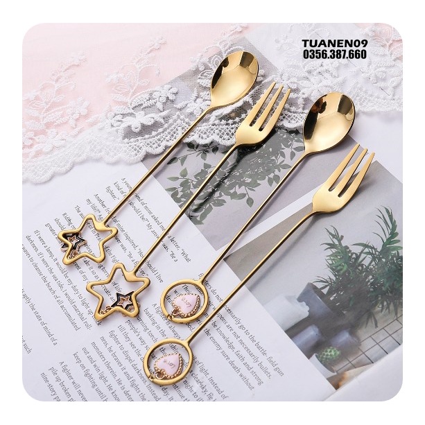 Thìa nĩa decor xinh  thép không gỉ,thìa cà phê,nĩa hoa quả.tạo hình trái tim,ngôi sao