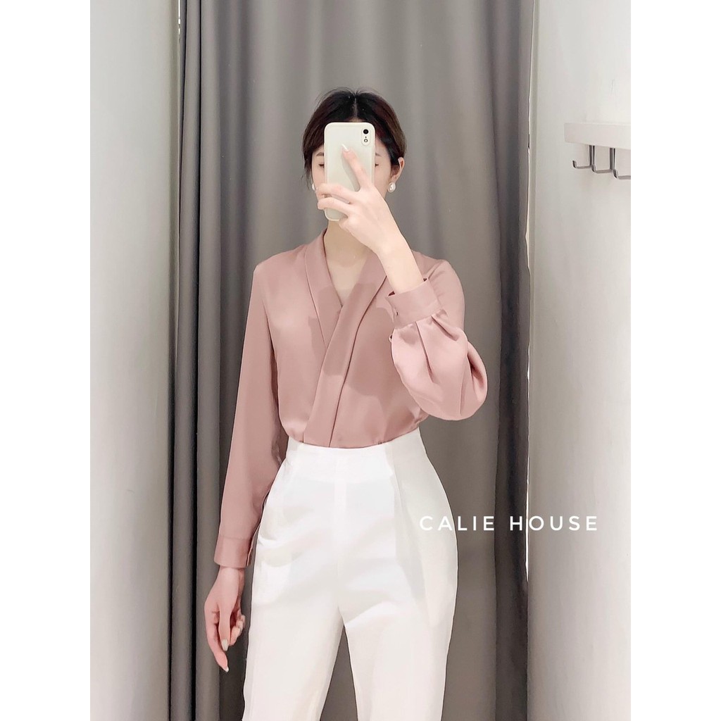 Áo sơ mi công sở nữ - áo sơ mi lụa cổ V nẹp chéo