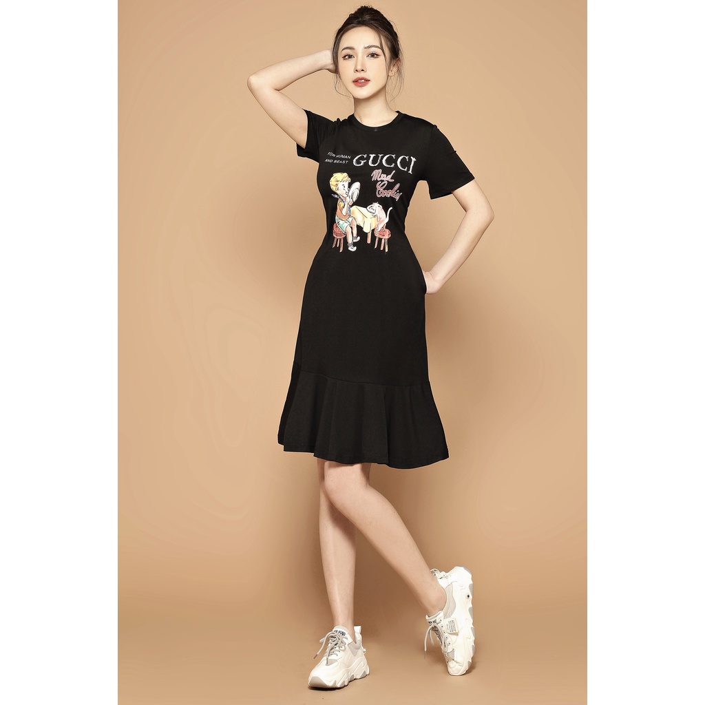 Đầm Thun Dáng Ôm Đuôi Cá Xếp Tầng Xinh Xắn Họa Tiết Kèm Chữ Thương Hiệu Hàng Nhập Quảng Châu Cao Cấp