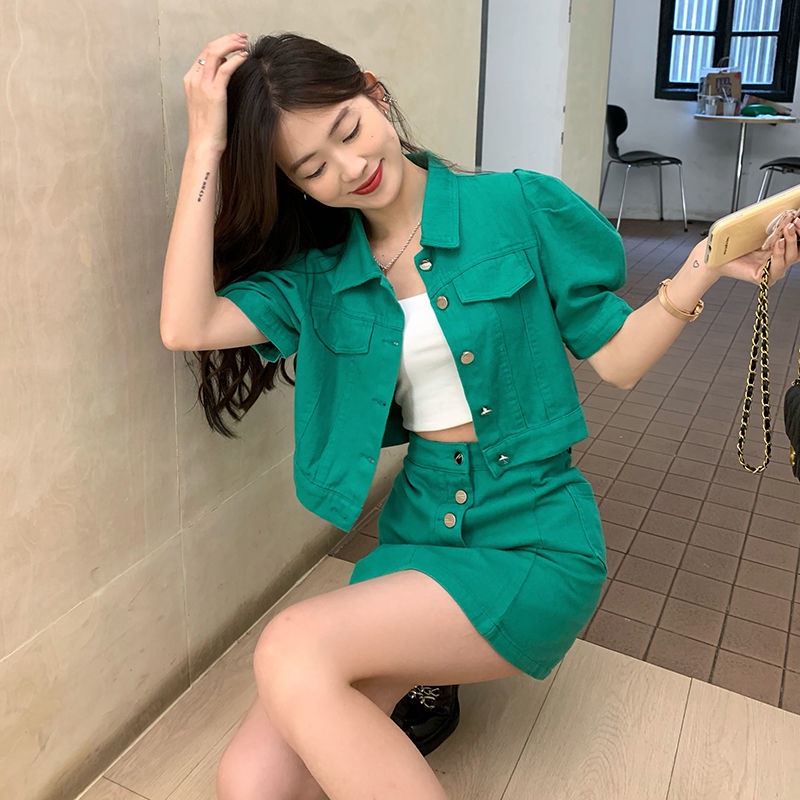 Denim jacket half skirt two sets of girls spring and summer 2022 new retro bubble sleeve short-sleeved jacket set