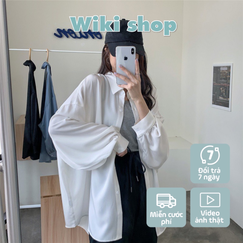 Sơ mi nam nữ trơn tay phồng phom to chất thô - sơ mi dài tay unisex sẵn kho 2 màu