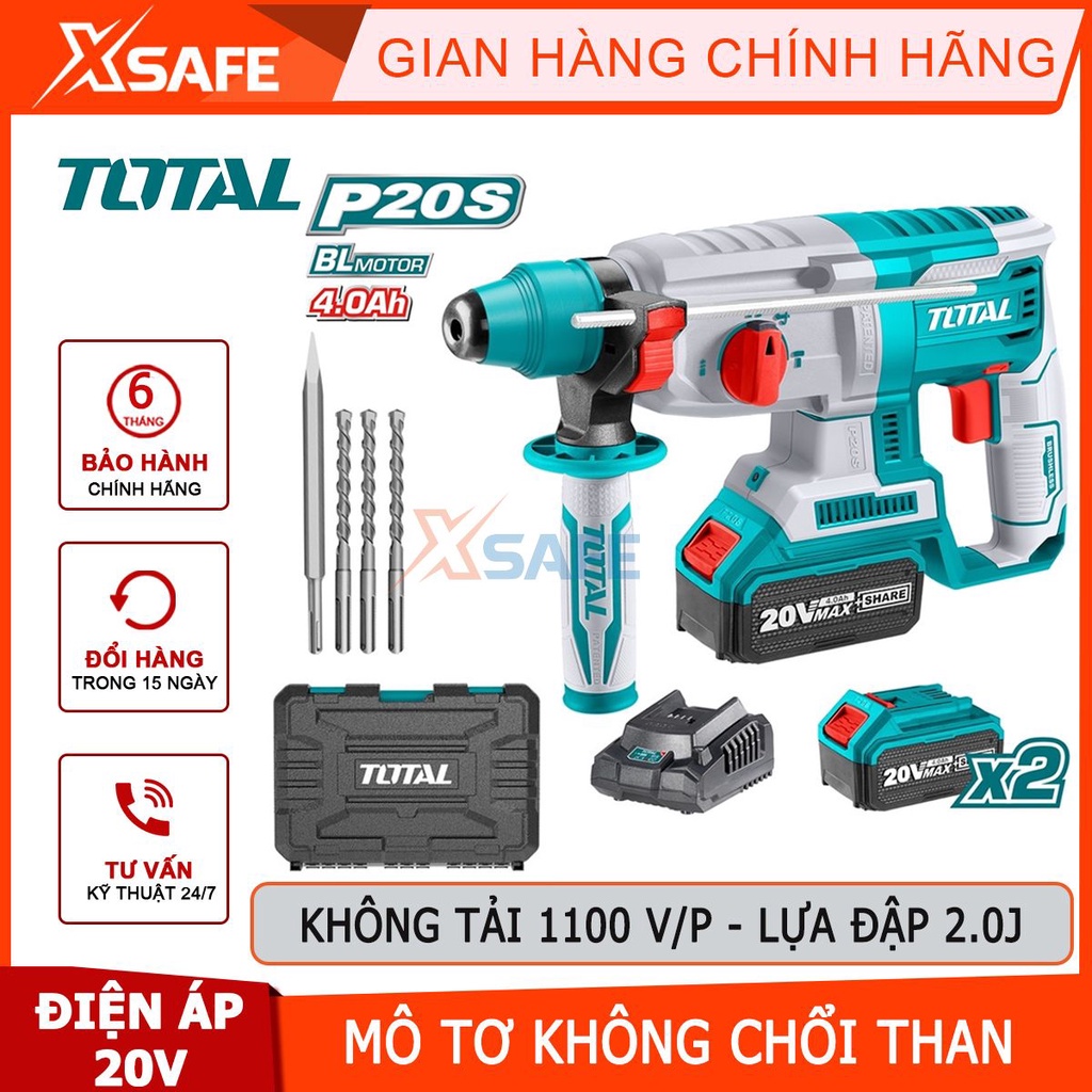 Máy khoan bê tông dùng pin 20V TOTAL TRHLI202287 không chổi than, tốc độ 1100v/p, lực đập 2J, khoan bê tông Φ26 - XSAFE