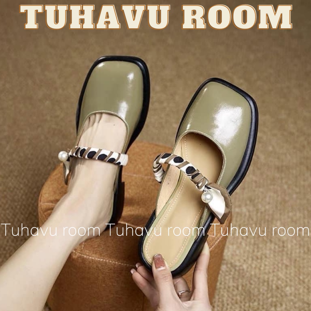 Giày không gót mũi vuông da bóng phối quai ngang vải xinh xắn