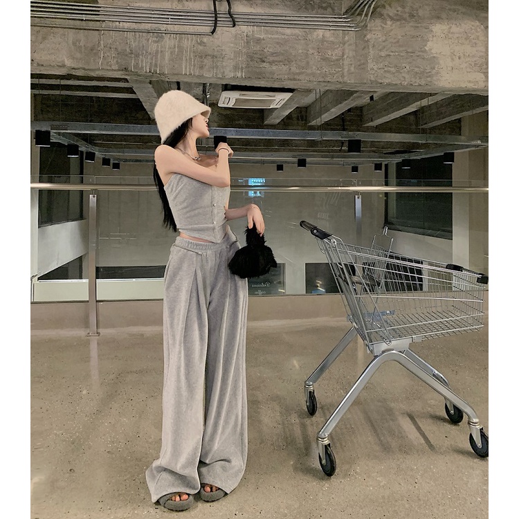 Set áo 2 dây xích croptop xám hở eo thon vai sexy thể thao+quần dài lưng thun chân ống rộng cột rút ulzzang