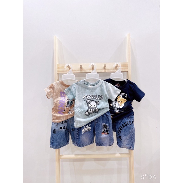 Set quần bò bé trai, set áo phông mix quần bò cho bé trai đi chơi đi học 8-15kg