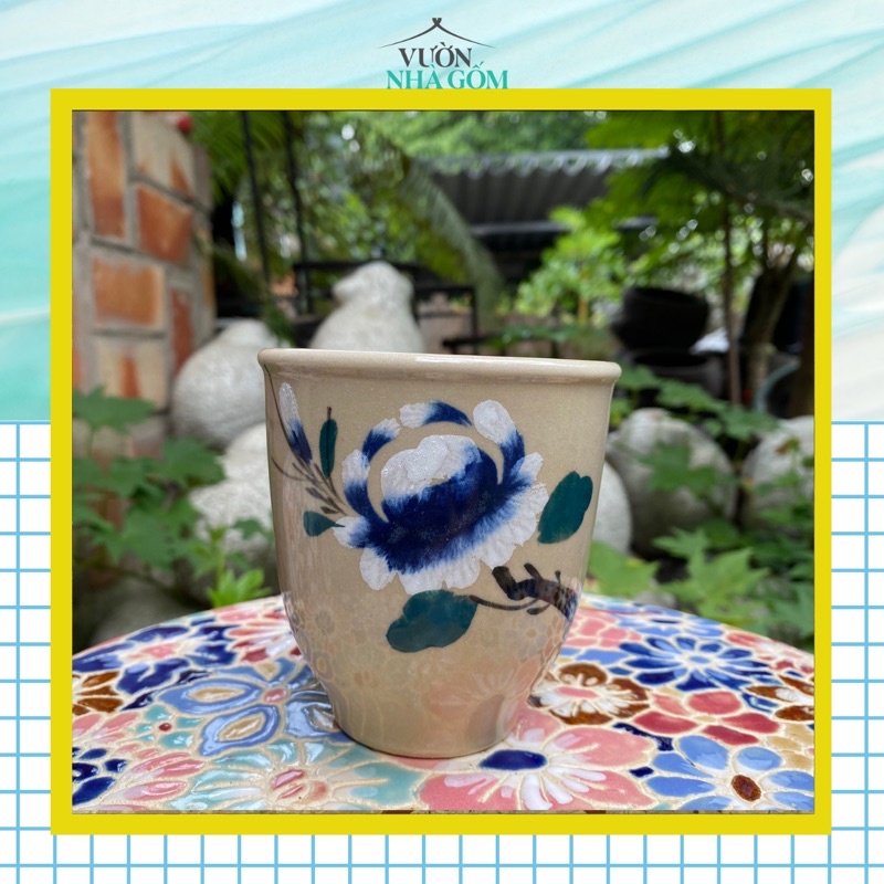 (giá rẻ) Ly gốm vẽ bông xanh: 1 cái, dùng uống nước, uống trà, uống bia, trang trí, decor- Vườn Nhà Gốm