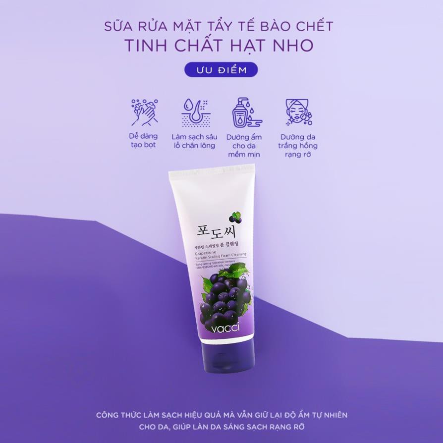 Sữa Rửa Mặt Hạt Nho Vacci Dưỡng Trắng Tẩy Tế Bào Chết Làm Sạch Sâu 180ml