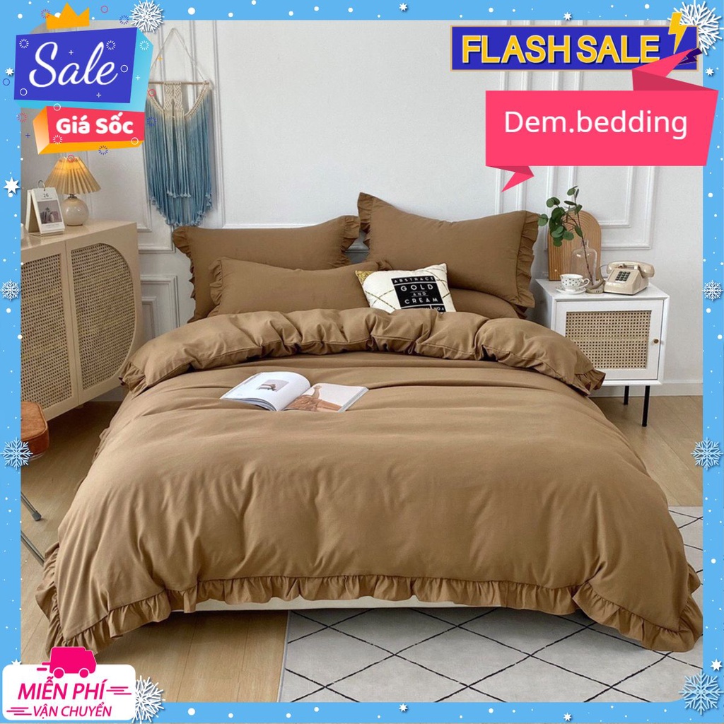 Bộ Chăn Ga Gối Cotton Tici Viền Bèo,Đủ kích thước-MÀU NÂU