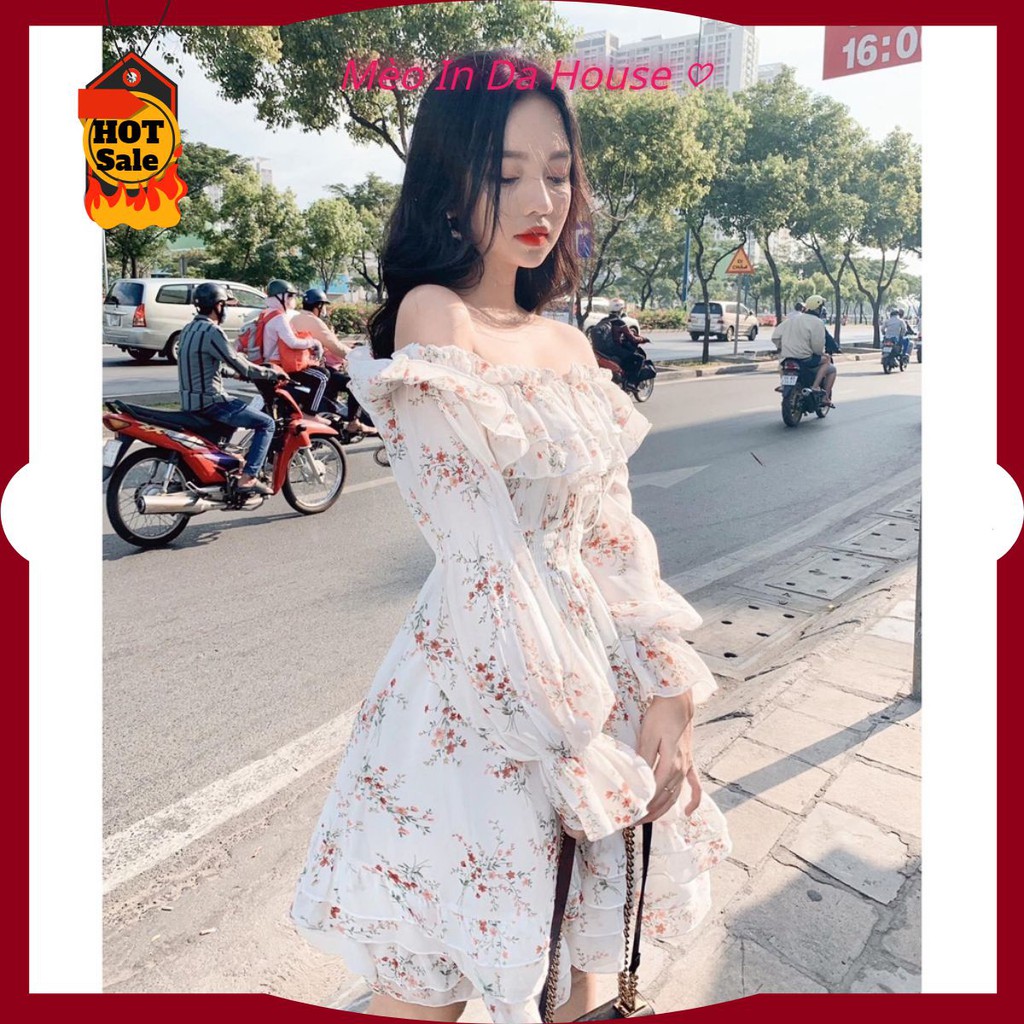 [FREESHIP] ĐẦM HOA TRỄ VAI BÈO TẦNG TRẮNG