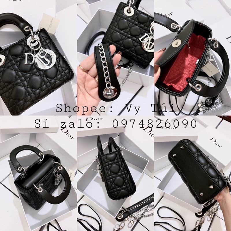 Túi Diiorrr vân 3 ô da trơn mềm có quai cầm bản 2 dây full hộp size 18 video ảnh thật