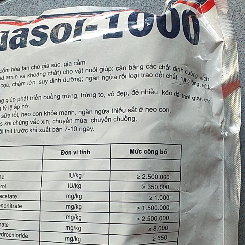 Viarmasol 1000, 200g, 1kg vitamin acid amin khoáng chất dưỡng thai, kích sữa heo nái, tăng sản lượng trứng, bồi bô cơ th