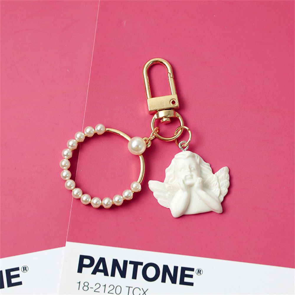 LANFY Retro Angel Key Rings Girl Female Earphone Case Chain Pearl Keychain Love Heart Key Accessories Chain Ornaments Bag Pendant Key Lanyard Small Gift Women Car Keyring