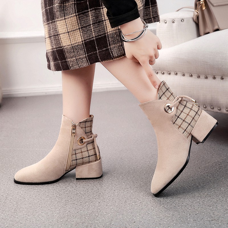 Bốt Nữ Martin phong cách Anh quốc gót thô đế vừa 4cm Dây kéo bên