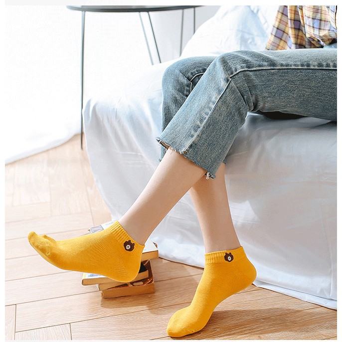 Tất cotton AOWEINISI cổ cao thoáng khí in hình gấu hoạt hình 10 màu