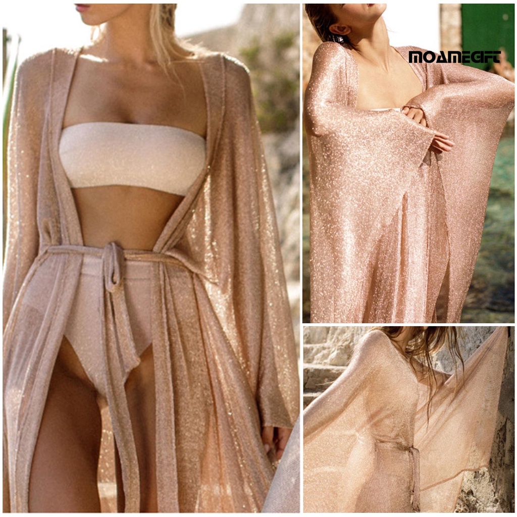 Áo Khoác Cardigan Tay Dài Chống Nắng Phối Lưới Sáng Bóng Thời Trang Đi Biển Cho Nữ