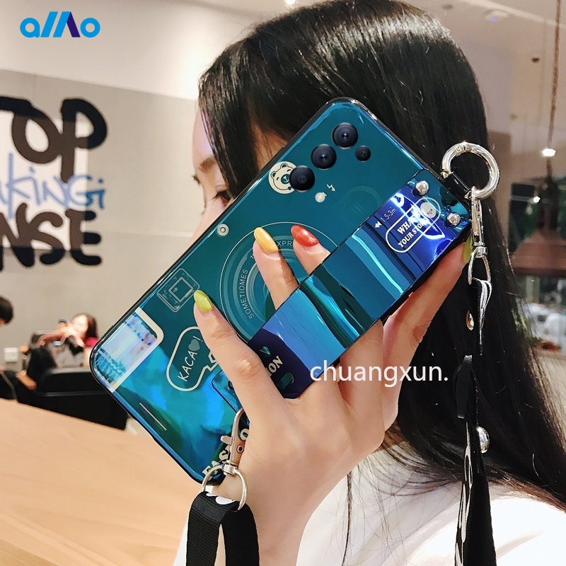 Ốp điện thoại hình máy ảnh ánh sáng xanh lam thời trang có dây đeo dành cho Oppo Reno6 Reno6 Z 5g