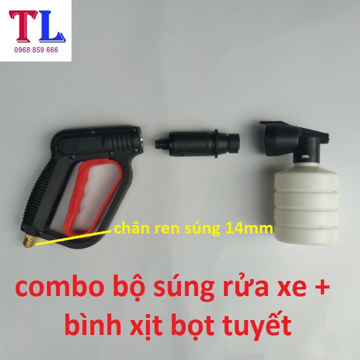 Súng Xịt Rửa Xe Áp Lực Cao Và Bình Phun Bọt Tuyết (cò đỏ ren 14mm + bình 0,5 lít)