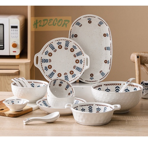 Set bát hoa chất liệu gốm thô phong cách cổ điển tráng men cao cấp - H2decor