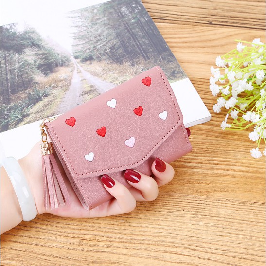 VÍ BÓP NỮ MINI THÊU TIM TUA RUA