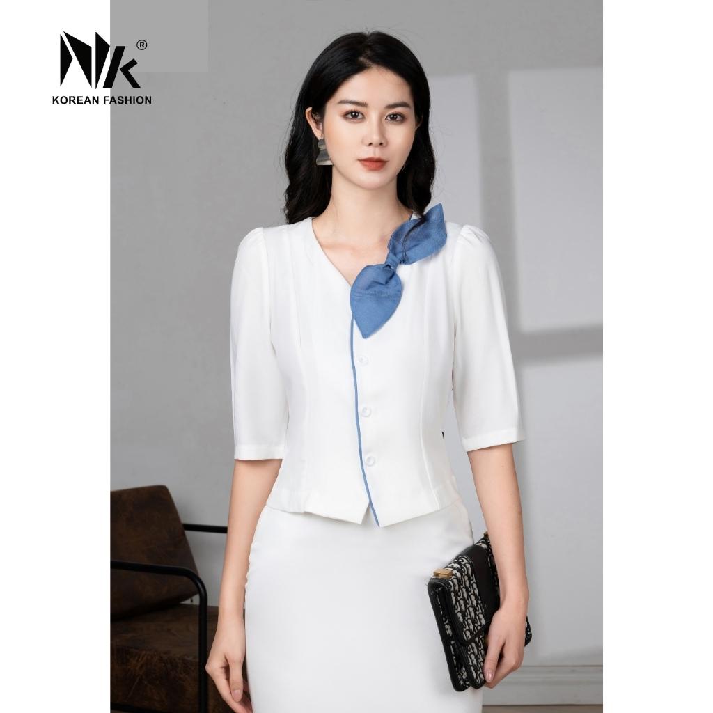 Áo Sơ Mi Nữ Cổ Tim NK Fashion Phối Hoa Dây Ngực Độc Đáo, Kiểu Dáng Điệu Đà Trẻ Trung NKSM2110009