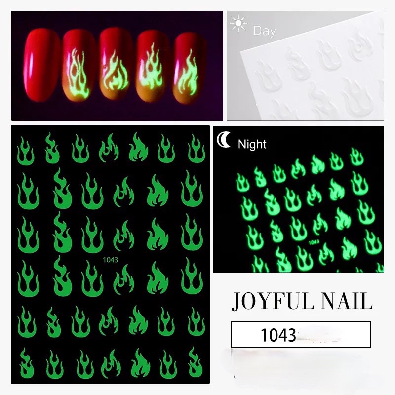 Sticker dán móng tay dạ quang hoạ tiết lửa, hình dán móng tay dạ quang hoạ tiết lửa trang trí móng tay nail