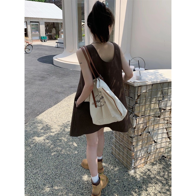 Đầm Dáng Chữ A Không Tay Thiết Kế Mỏng Họa Tiết Kẻ Sọc Màu Cà Phê Đơn Giản Thời Trang Mùa Hè Mới