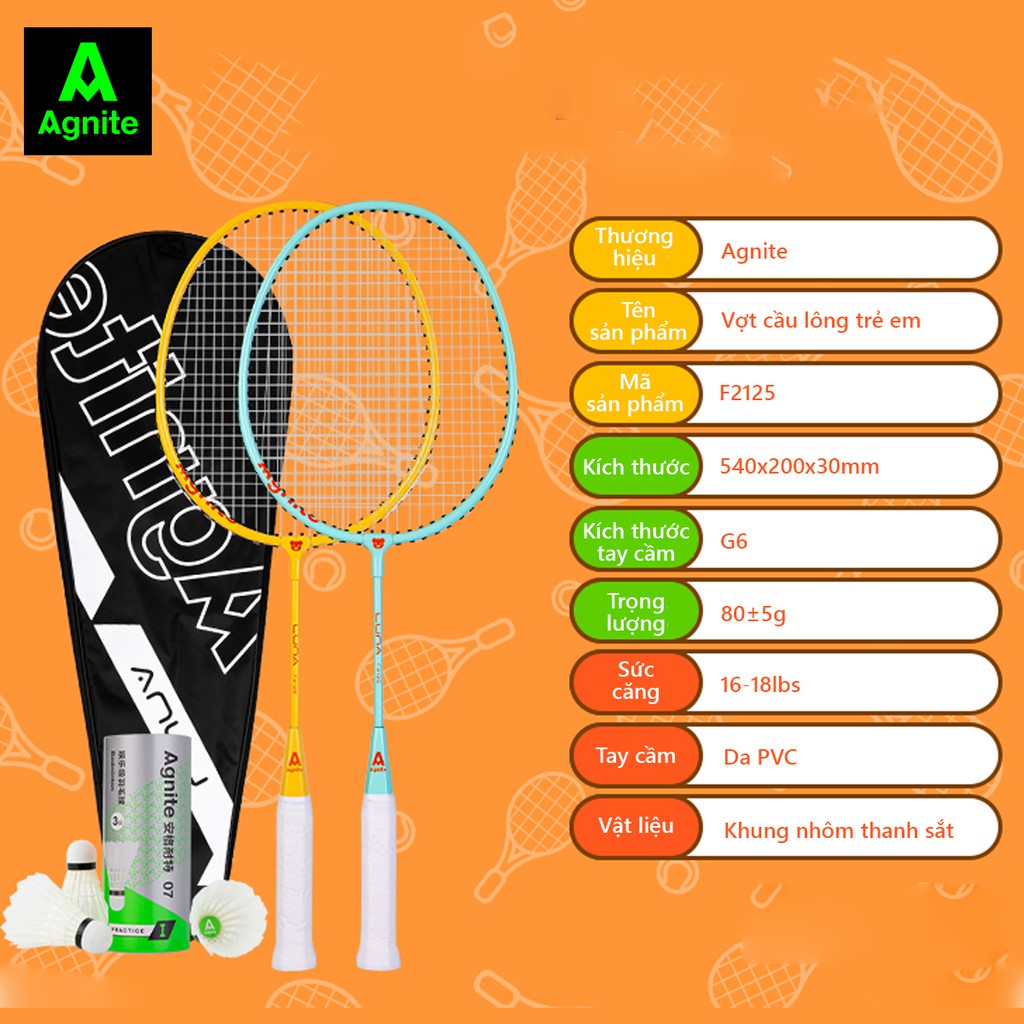 Bộ 2 vợt cầu lông TRẺ EM - HỌC SINH cao cấp Agnite chính hãng, nhẹ, bền, đẹp - tặng kèm hộp cầu -  F2125