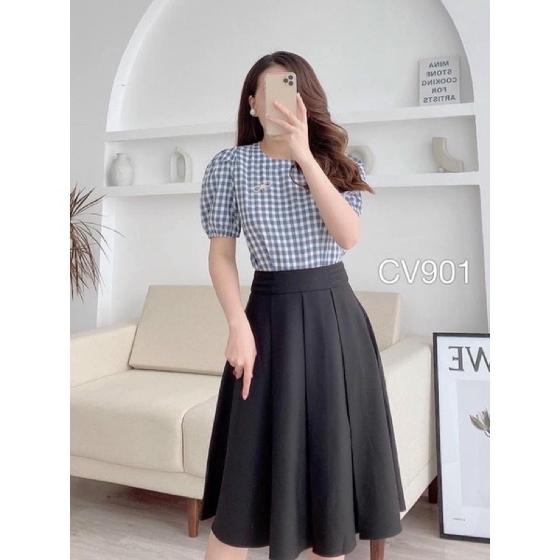 Chân váy xếp ly 2 màu nâu và đen, chân váy xoè xếp ly tôn dáng CV48
