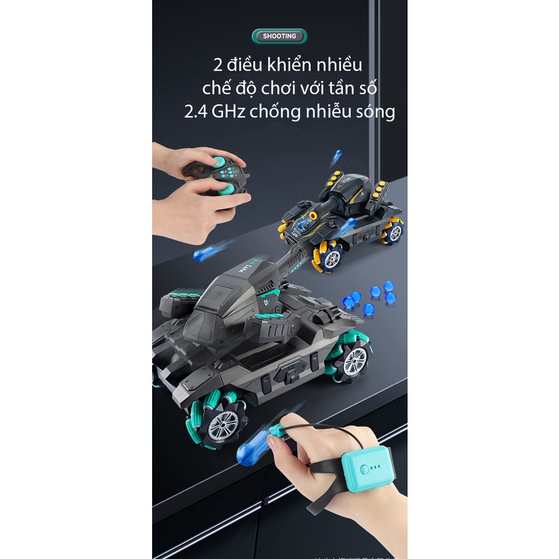 Đồ chơi xe tăng điều khiển từ xa có nhạc và đèn cảm biến tay và remote phóng đạn nước