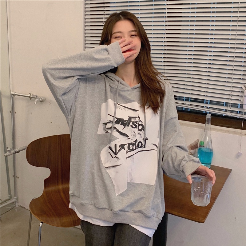 ZHELIHANGFEI Áo Hoodie Thể Thao Dài Tay Dáng Rộng Giả Hai Lớp Cá Tính