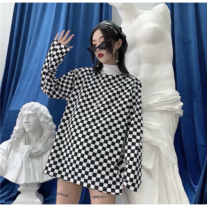 Áo unisex dài tay caro đen trắng