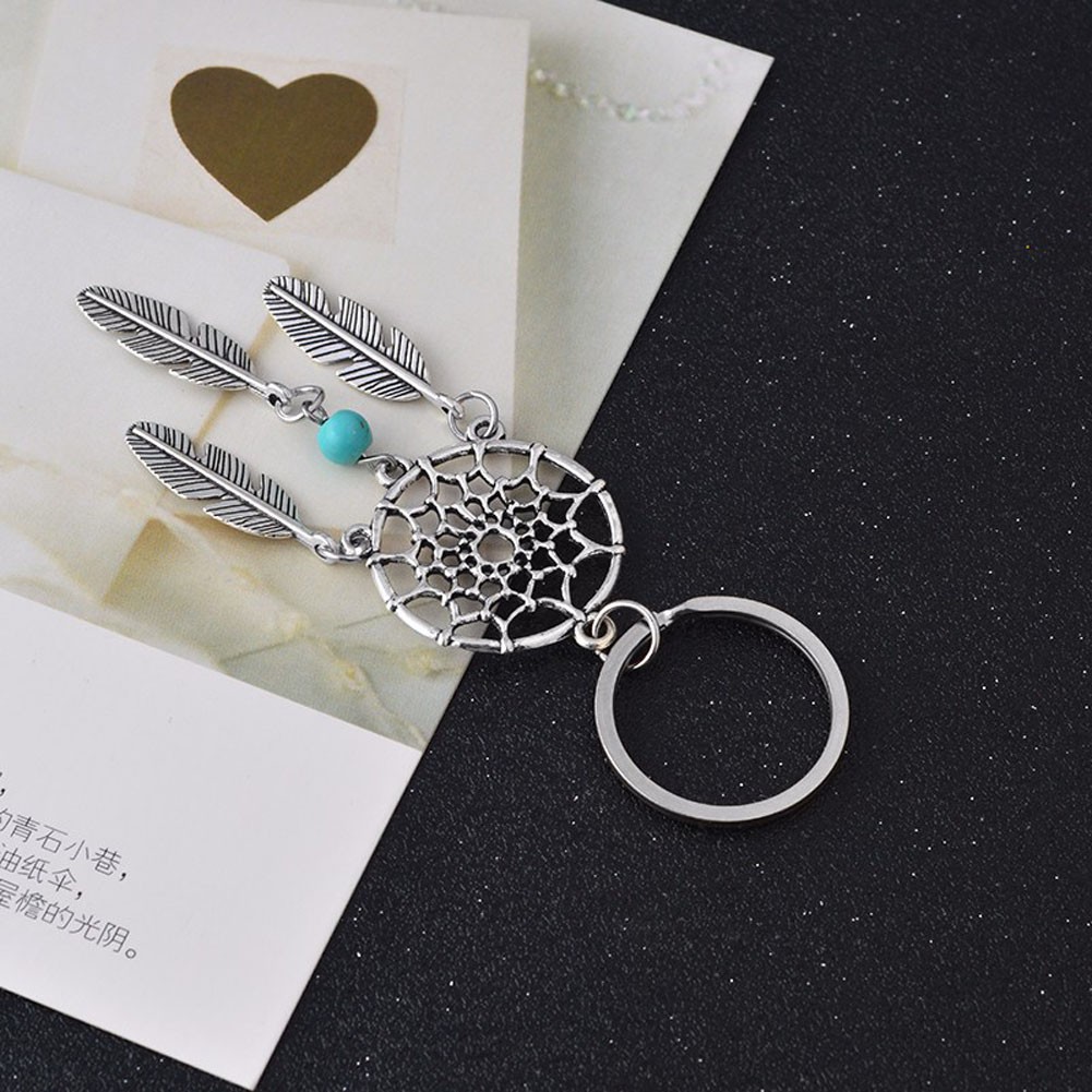 Móc khóa hình dreamcatcher gắn lông vũ đính hạt màu phong cách vintage làm quà tặng cho nữ
