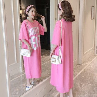 Đầm thun suông dáng dài màu hồng họa tiết chữ 88 có ảnh thật