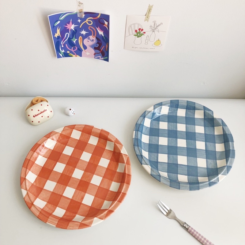 Đĩa vintage pastel kẻ caro gingham hàng Anh gốm sứ Nhật Âu dễ thương