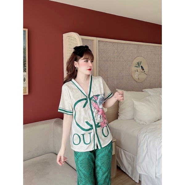 Set đồ ngủ lụa xước mèo cổ V về tay ngắn và dài siêu sang