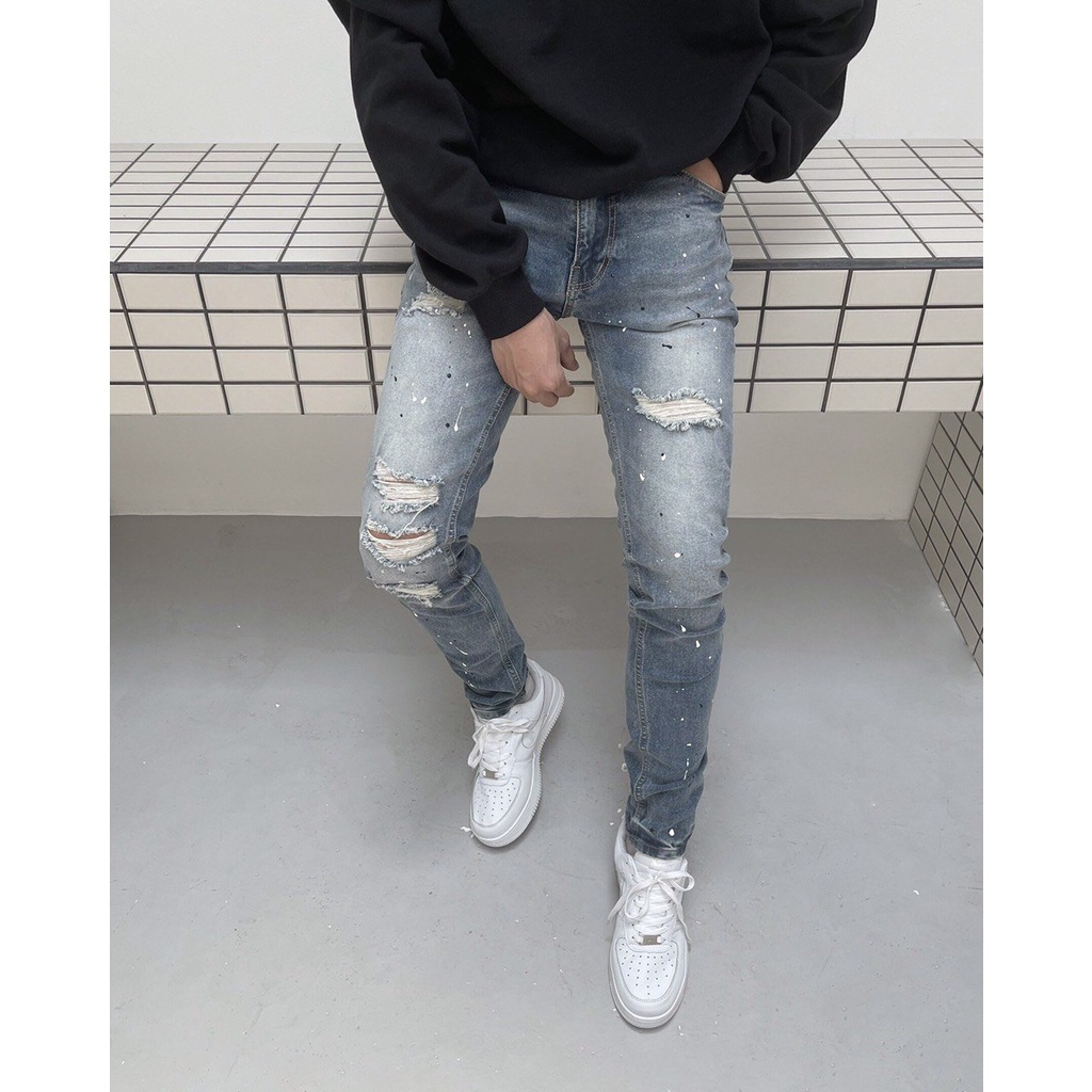 Quần jean nam cao cấp streetwear KQ31 màu xanh wash vẫy sơn rách bui bậm form slimfit chất jean co giãn, thoải mái.