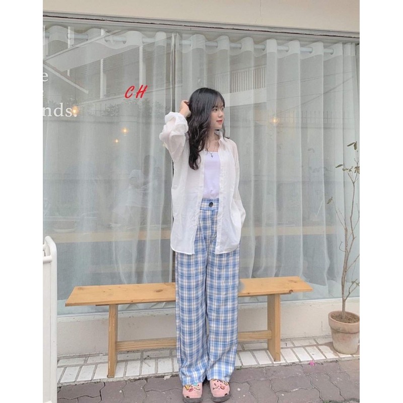 Sét ba món áo sơ mi +áo 2s+quần kẻ xanh cúc