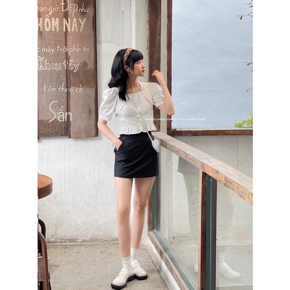 Áo sơmi bèo trắng form crop top Cami
