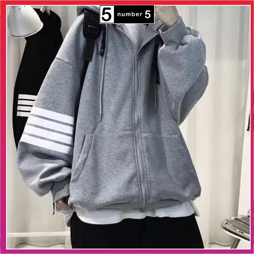 Áo Khoác Hoodie THOM 4 Sọc Kiểu Zip Kéo Phối Nón Rộng Vải Nỉ Xịn Phong Cách Ulzzang Hàn Quốc